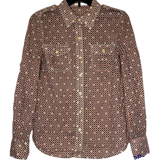 TORY BURCH womans size 6 Brigitte 100% cotton orange blue check button top - Picture 1 of 12